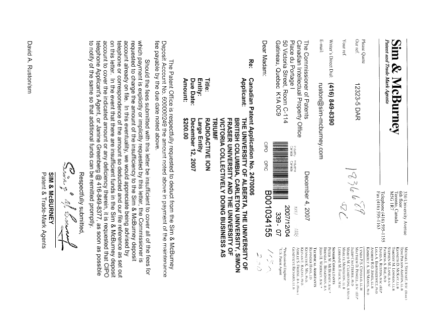 Document de brevet canadien 2470006. Taxes 20071204. Image 1 de 1