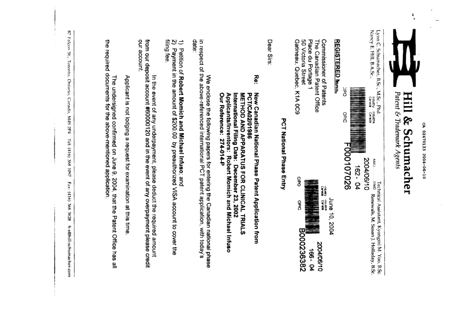 Document de brevet canadien 2470133. Cession 20040610. Image 1 de 4