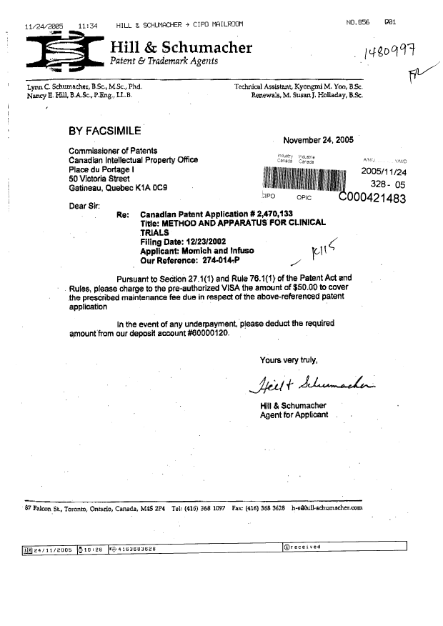 Canadian Patent Document 2470133. Fees 20051124. Image 1 of 1