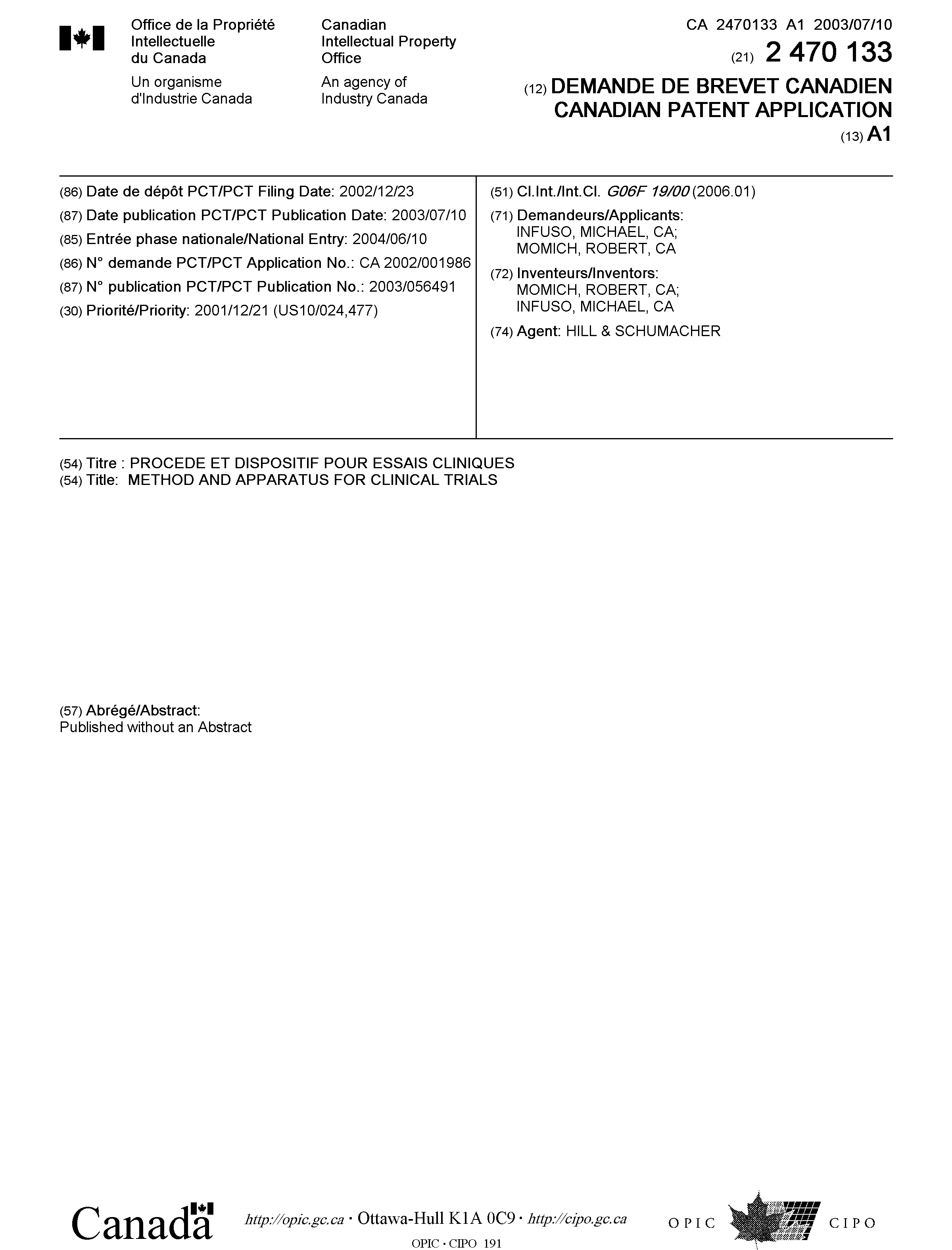 Canadian Patent Document 2470133. Cover Page 20100827. Image 1 of 1