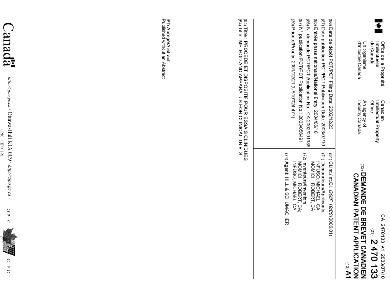 Document de brevet canadien 2470133. Page couverture 20100827. Image 1 de 1