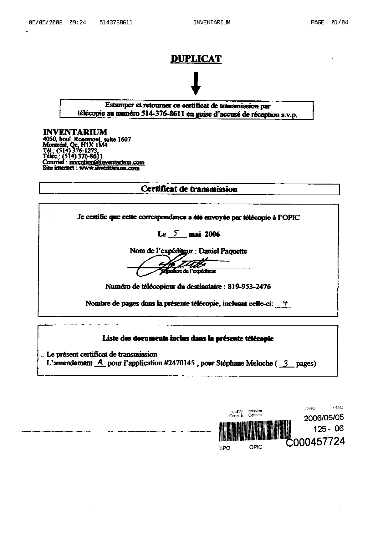 Document de brevet canadien 2470145. Poursuite-Amendment 20051205. Image 4 de 4