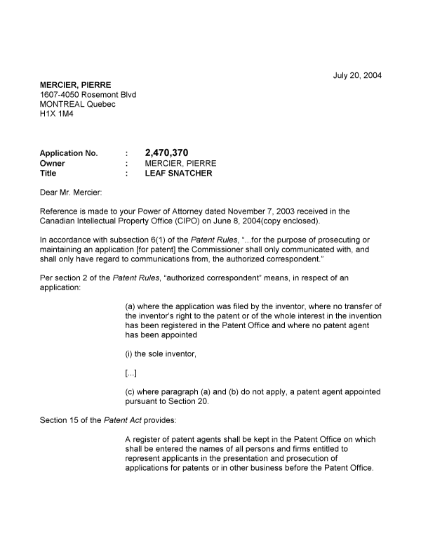 Document de brevet canadien 2470370. Correspondance 20040714. Image 1 de 2