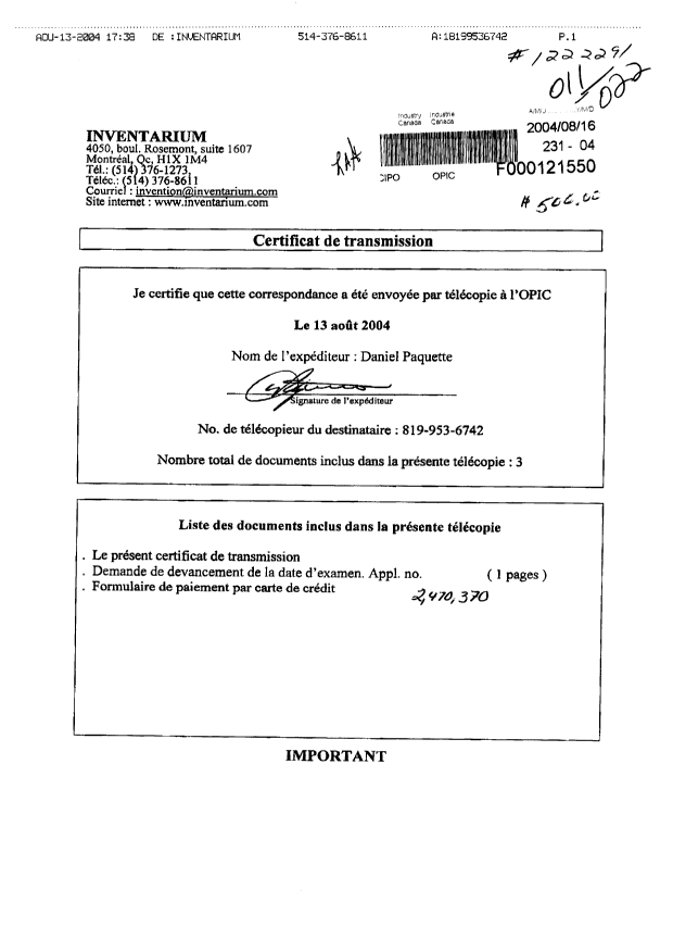 Document de brevet canadien 2470370. Poursuite-Amendment 20040816. Image 1 de 2