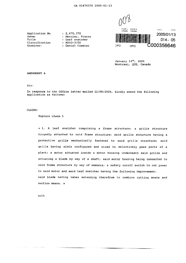 Document de brevet canadien 2470370. Poursuite-Amendment 20050113. Image 1 de 13