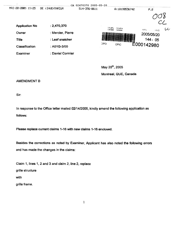 Document de brevet canadien 2470370. Poursuite-Amendment 20050520. Image 1 de 8