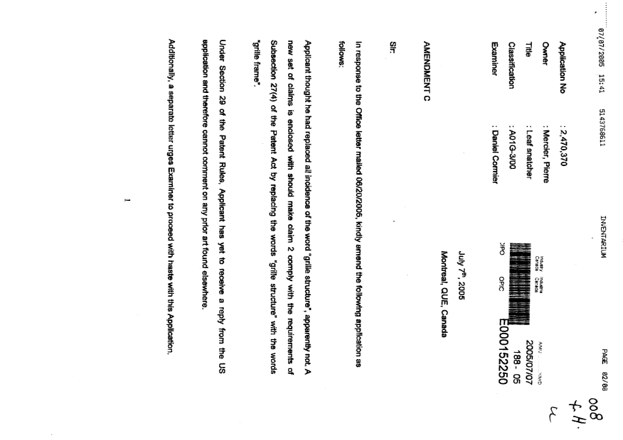 Document de brevet canadien 2470370. Poursuite-Amendment 20050707. Image 1 de 7