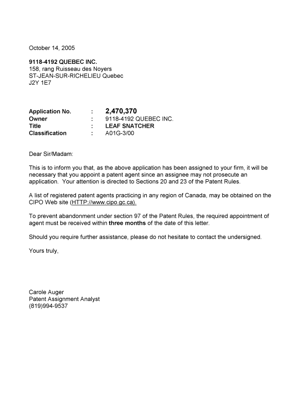 Document de brevet canadien 2470370. Correspondance 20051014. Image 1 de 1