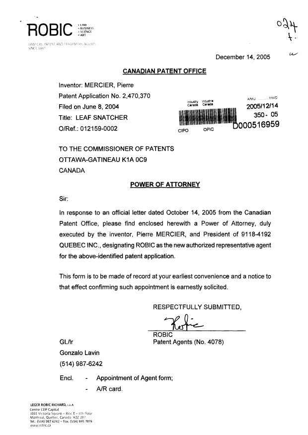 Document de brevet canadien 2470370. Correspondance 20051214. Image 1 de 2