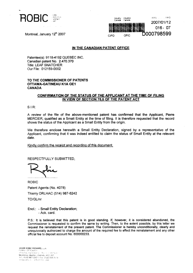 Document de brevet canadien 2470370. Correspondance 20070112. Image 1 de 2