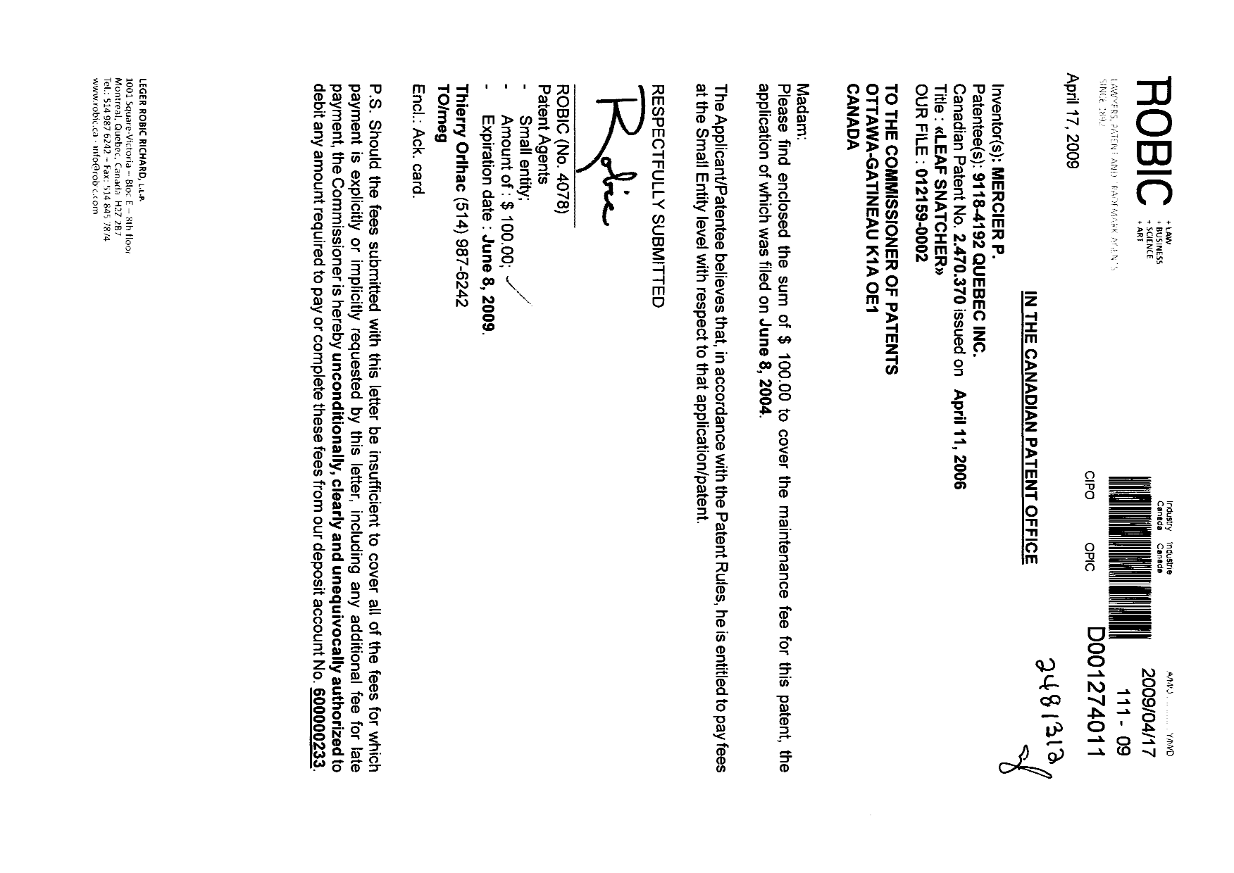 Document de brevet canadien 2470370. Taxes 20090417. Image 1 de 1