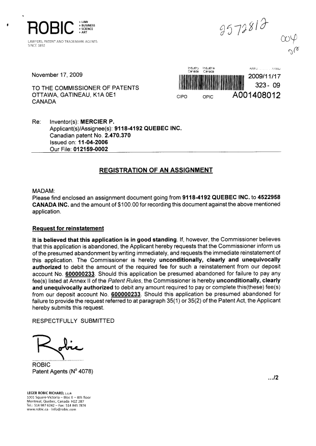Document de brevet canadien 2470370. Cession 20091117. Image 1 de 5