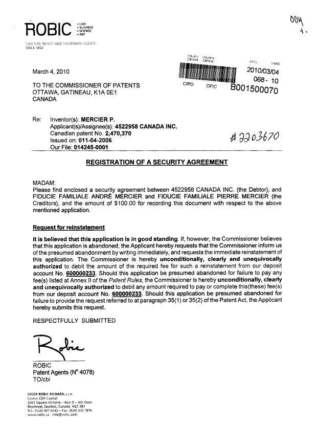 Document de brevet canadien 2470370. Cession 20100304. Image 1 de 4