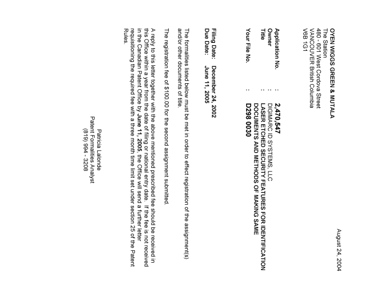 Document de brevet canadien 2470547. Correspondance 20040817. Image 1 de 1