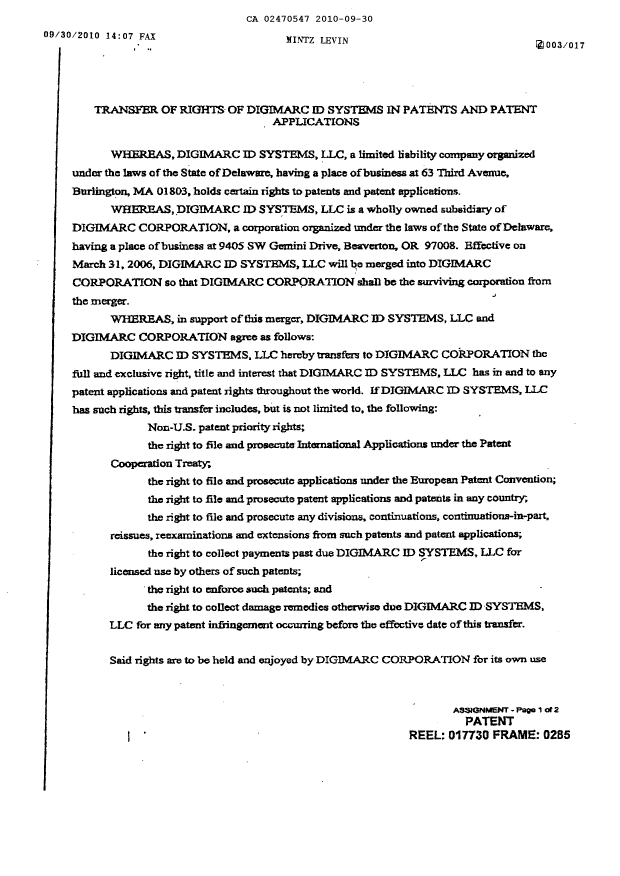 Document de brevet canadien 2470547. Cession 20100930. Image 2 de 16