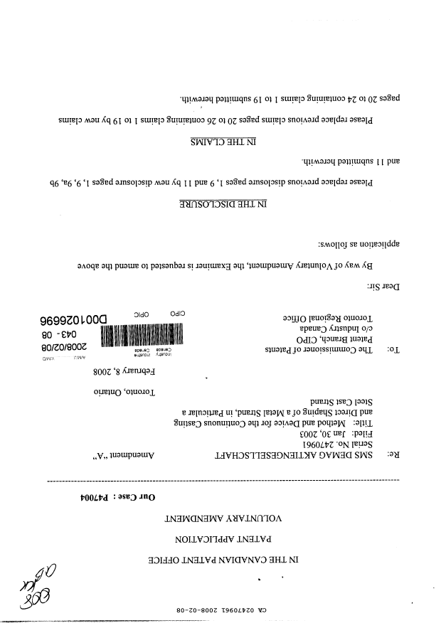 Canadian Patent Document 2470961. Prosecution-Amendment 20080208. Image 1 of 13