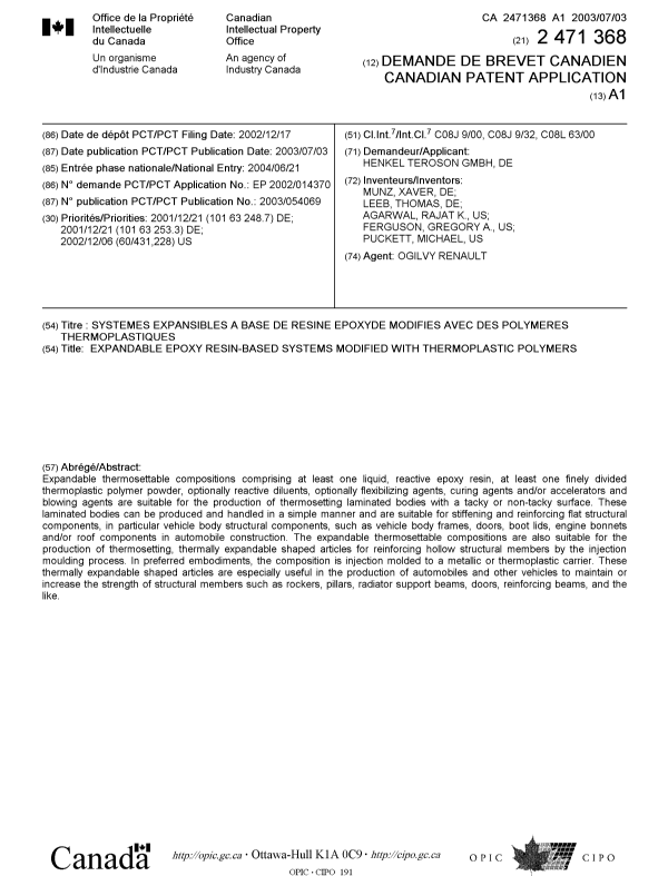 Document de brevet canadien 2471368. Page couverture 20040915. Image 1 de 1