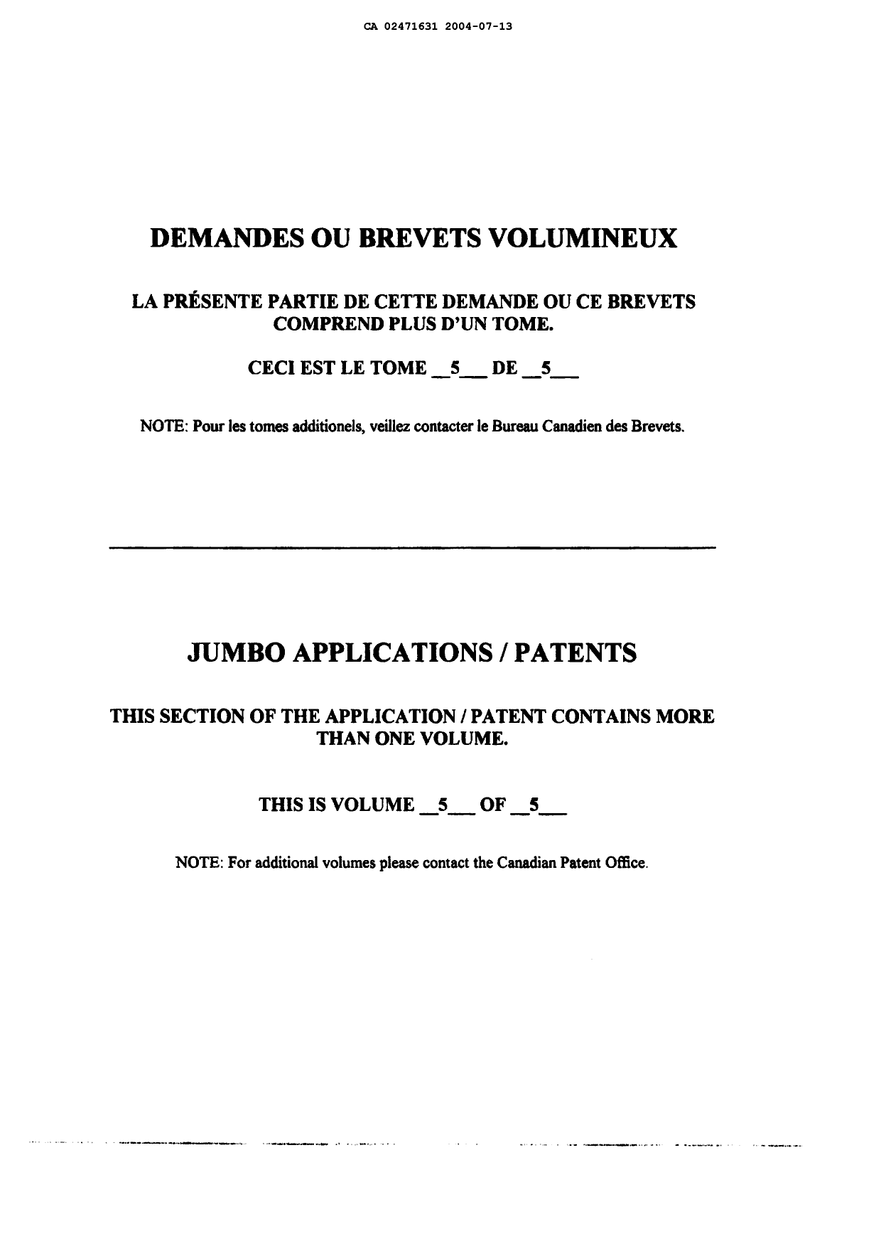 Document de brevet canadien 2471631. Poursuite-Amendment 20040713. Image 1 de 306