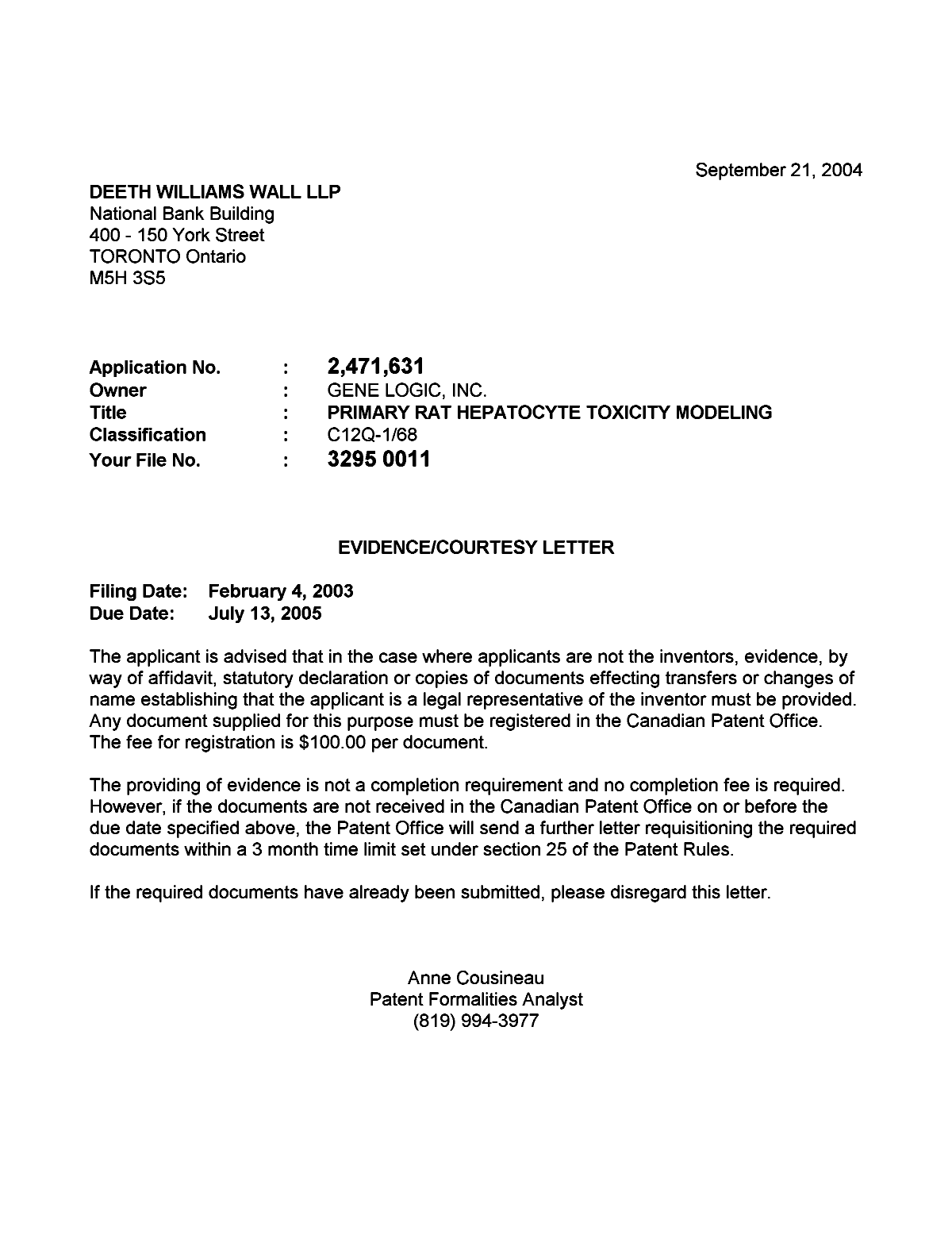 Document de brevet canadien 2471631. Correspondance 20040913. Image 1 de 1