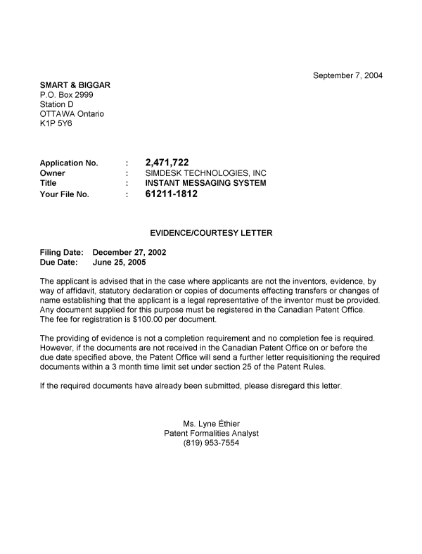 Document de brevet canadien 2471722. Correspondance 20040903. Image 1 de 1
