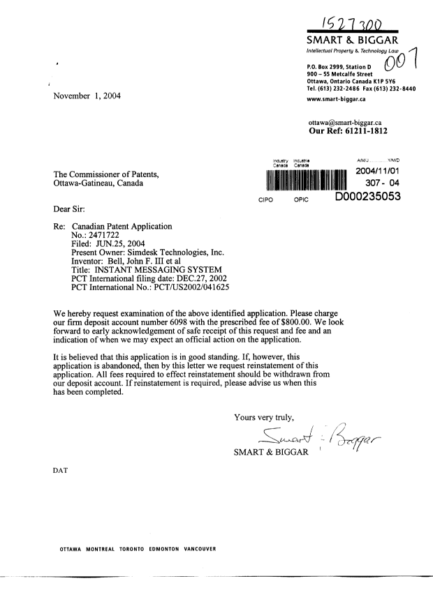 Canadian Patent Document 2471722. Prosecution-Amendment 20041101. Image 1 of 1