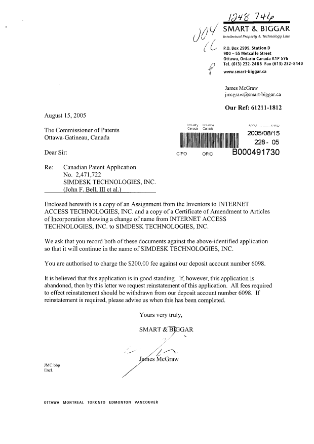 Document de brevet canadien 2471722. Cession 20050815. Image 1 de 6