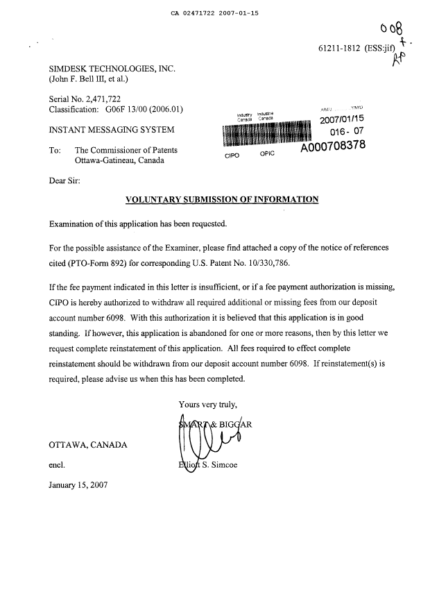 Canadian Patent Document 2471722. Prosecution-Amendment 20070115. Image 1 of 1