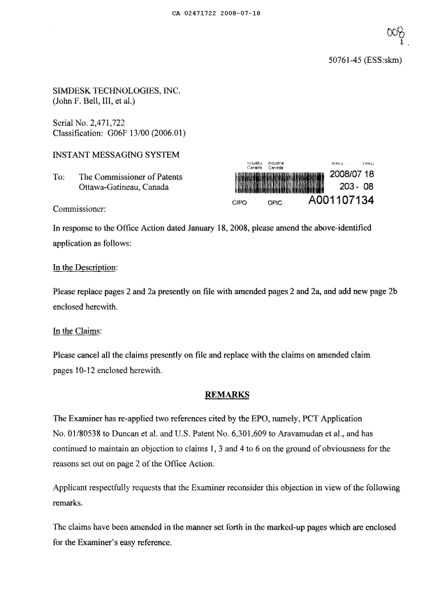 Canadian Patent Document 2471722. Prosecution-Amendment 20080718. Image 1 of 12