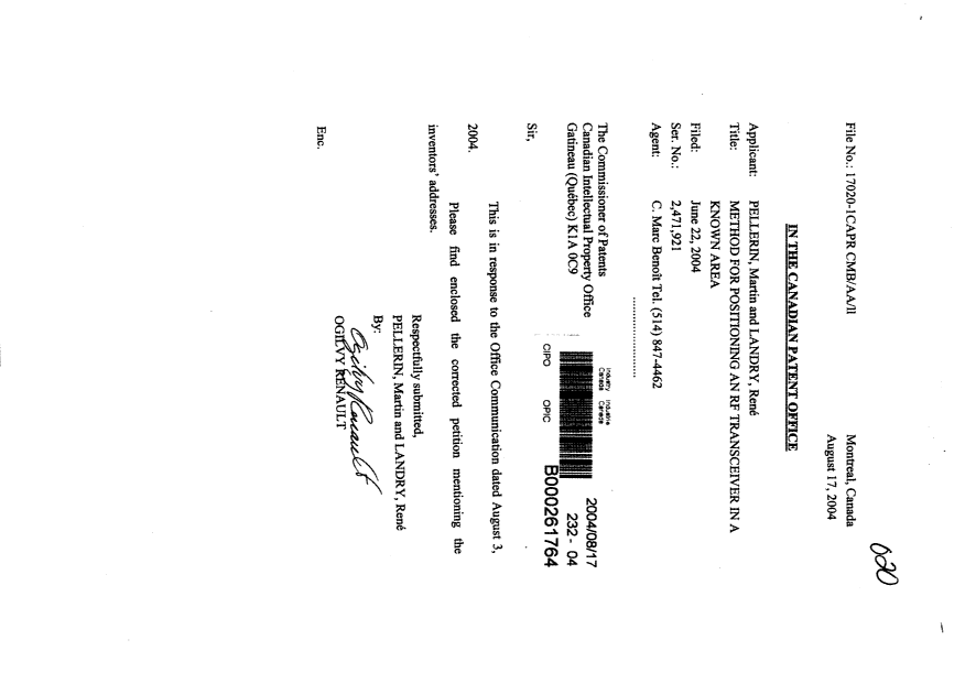 Document de brevet canadien 2471921. Correspondance 20040817. Image 1 de 2