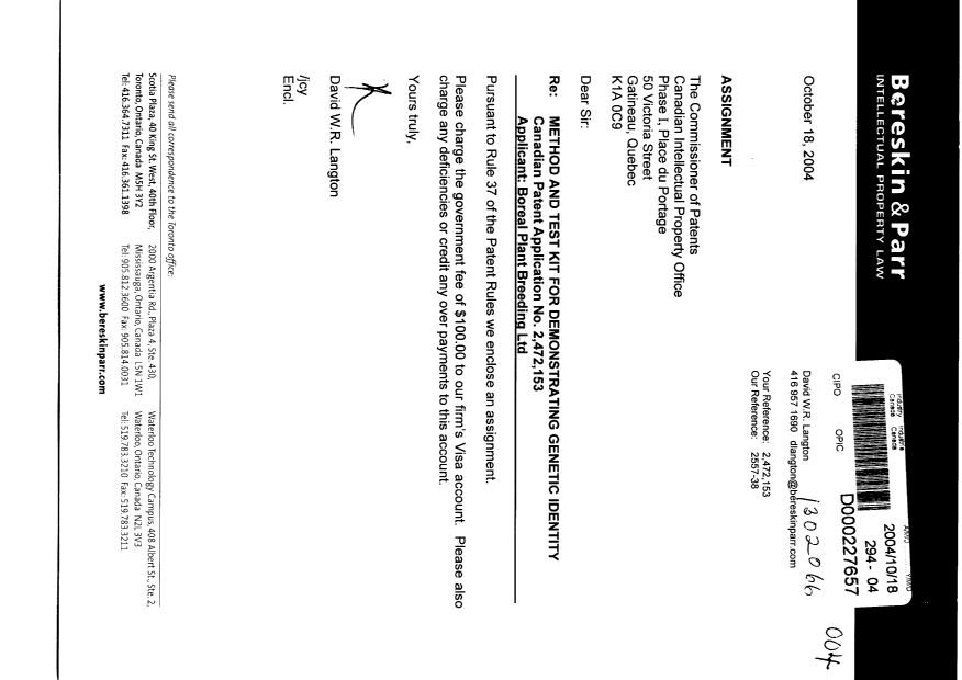 Canadian Patent Document 2472153. Assignment 20041018. Image 1 of 2