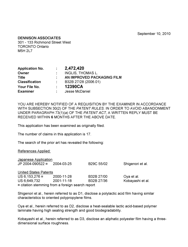 Document de brevet canadien 2472420. Poursuite-Amendment 20100910. Image 1 de 3