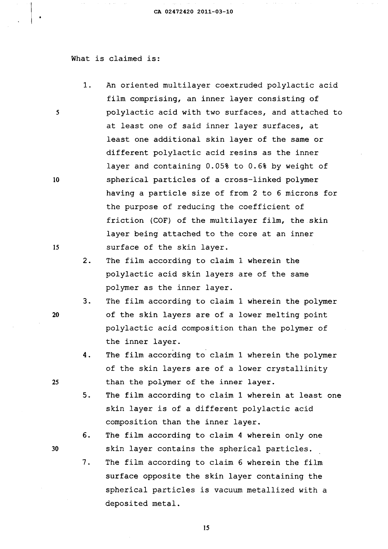 Document de brevet canadien 2472420. Revendications 20110310. Image 1 de 2