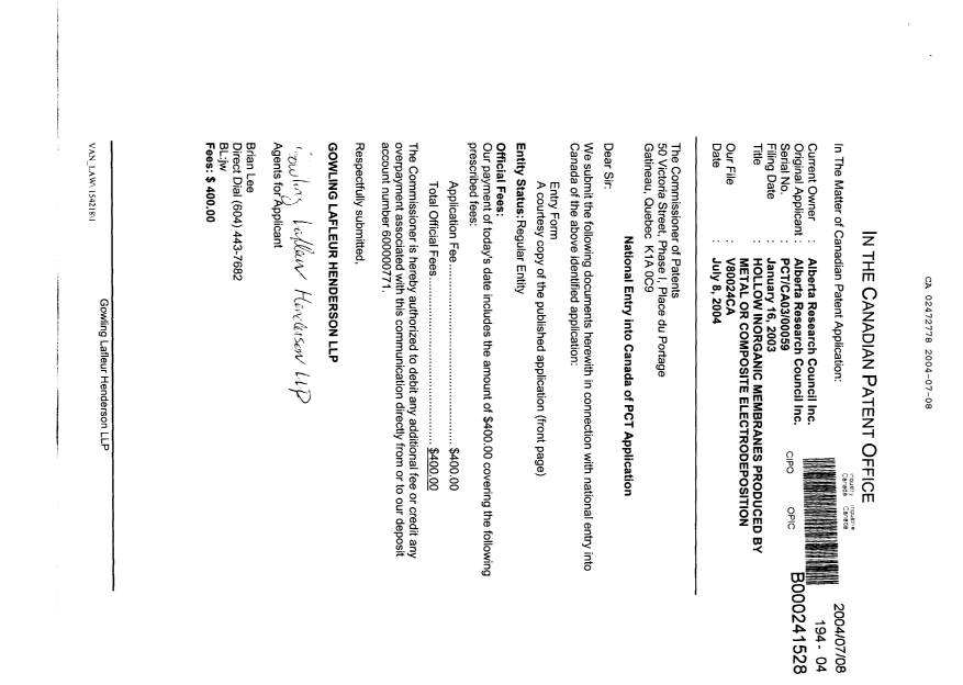 Document de brevet canadien 2472778. Cession 20040708. Image 1 de 3