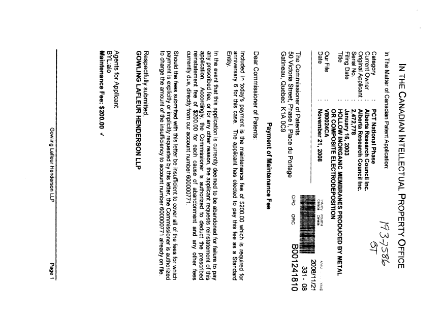 Document de brevet canadien 2472778. Taxes 20081121. Image 1 de 1