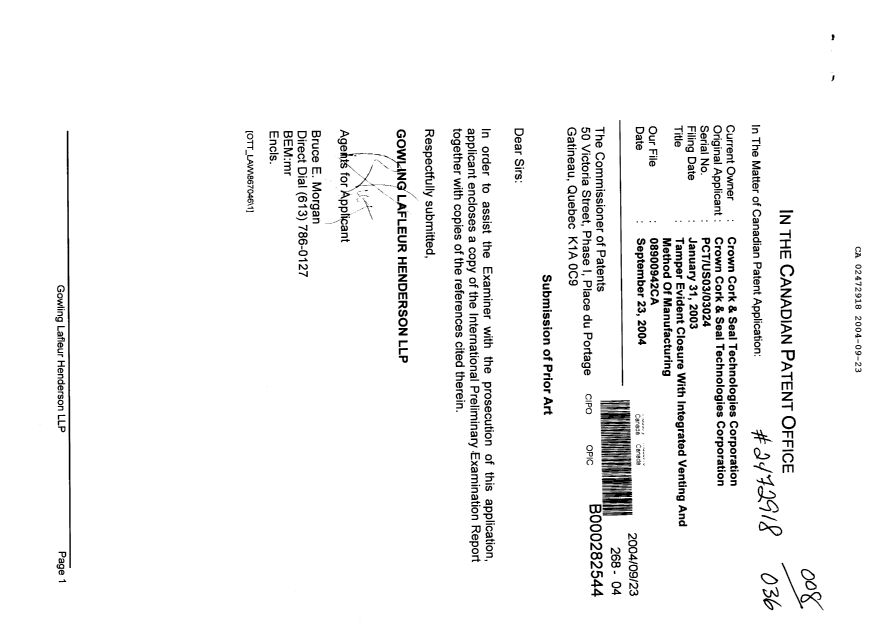 Document de brevet canadien 2472918. Poursuite-Amendment 20040923. Image 1 de 1