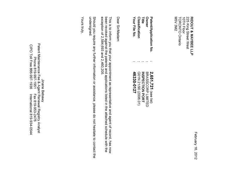 Document de brevet canadien 2473063. Correspondance 20111216. Image 1 de 1
