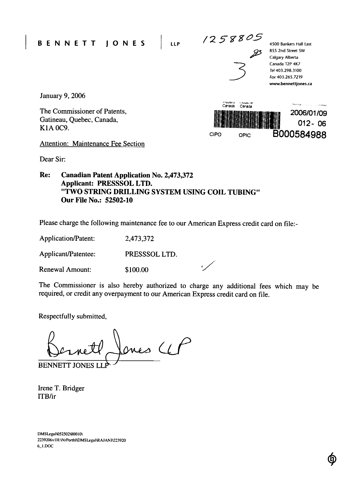Document de brevet canadien 2473372. Taxes 20060109. Image 1 de 1
