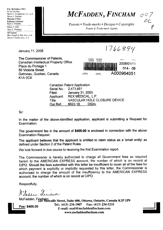 Document de brevet canadien 2473451. Poursuite-Amendment 20080111. Image 1 de 1