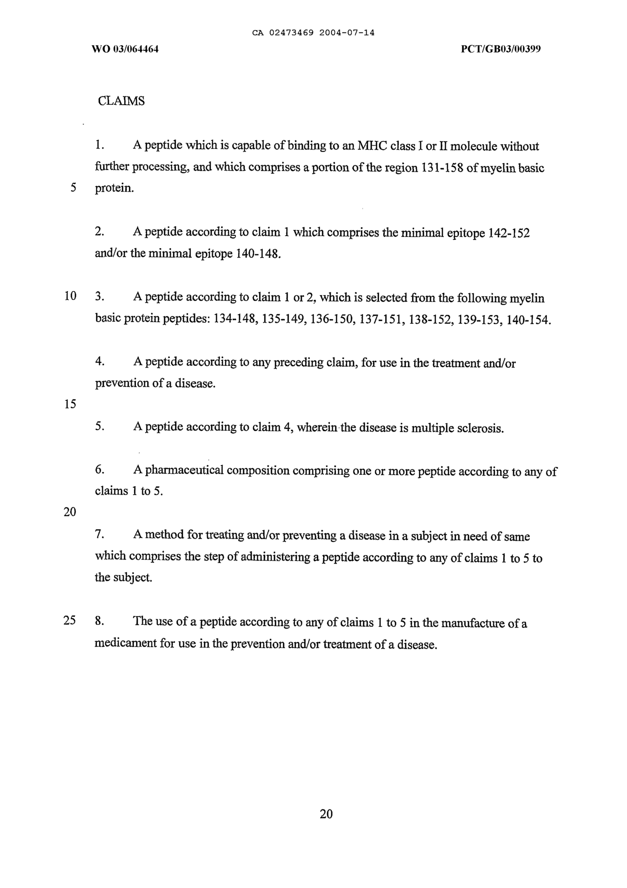 Document de brevet canadien 2473469. Revendications 20040714. Image 1 de 1