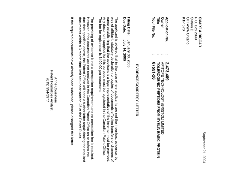 Document de brevet canadien 2473469. Correspondance 20040913. Image 1 de 1