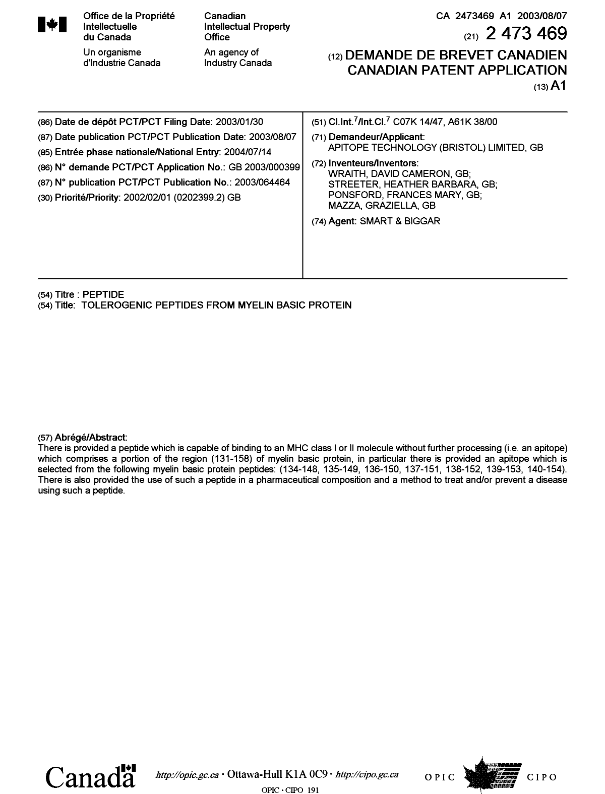 Document de brevet canadien 2473469. Page couverture 20040915. Image 1 de 1