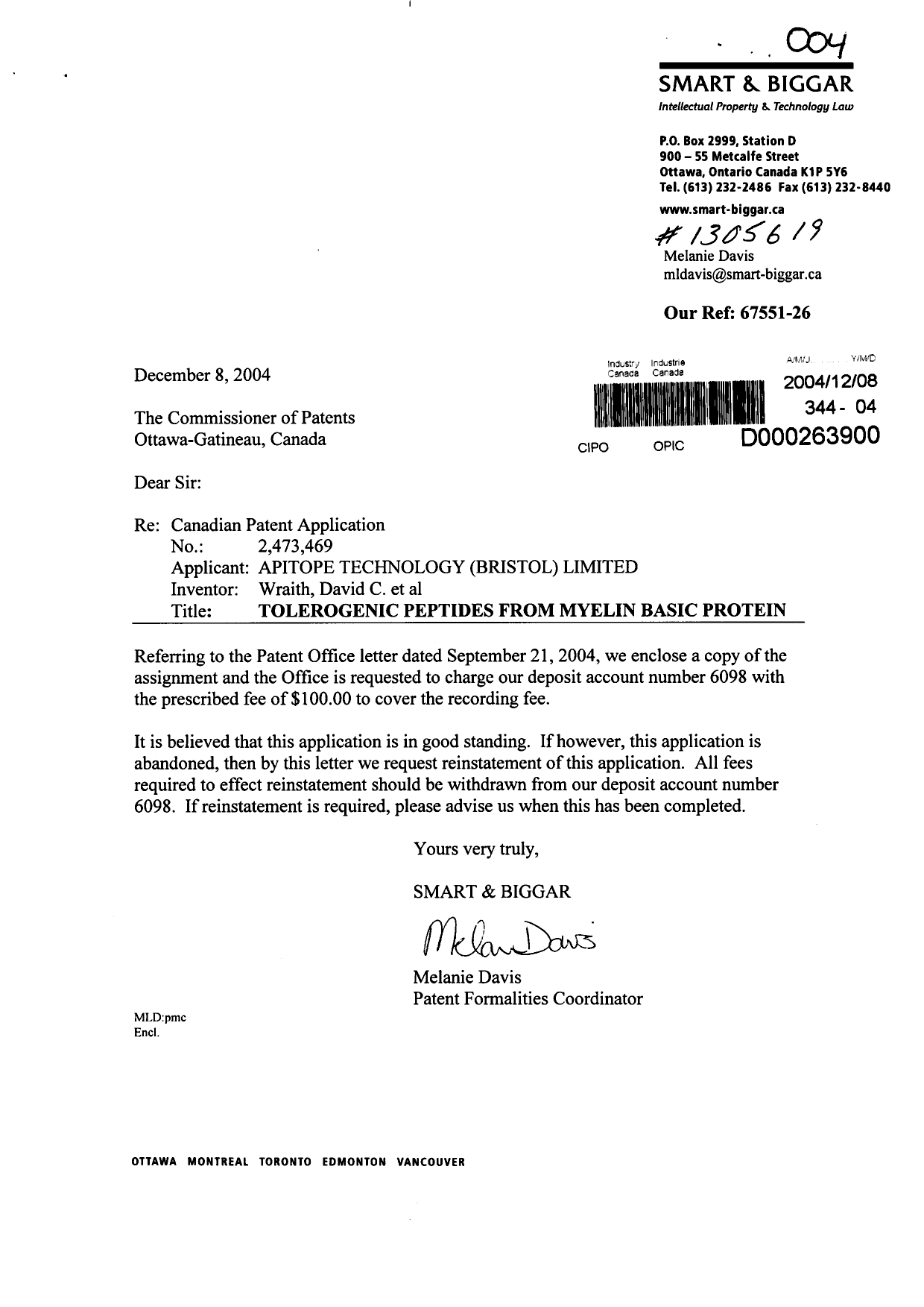 Document de brevet canadien 2473469. Cession 20041208. Image 1 de 3