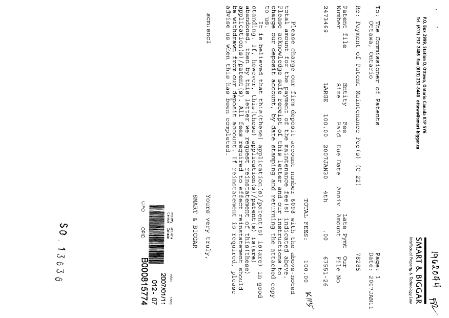 Document de brevet canadien 2473469. Taxes 20070111. Image 1 de 1