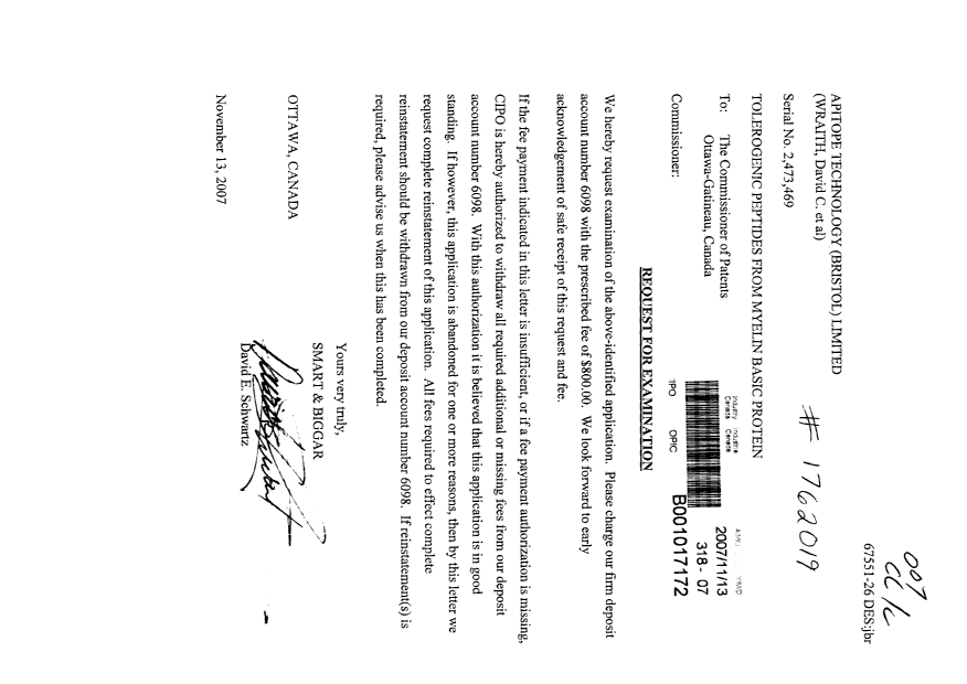Document de brevet canadien 2473469. Poursuite-Amendment 20071113. Image 1 de 1