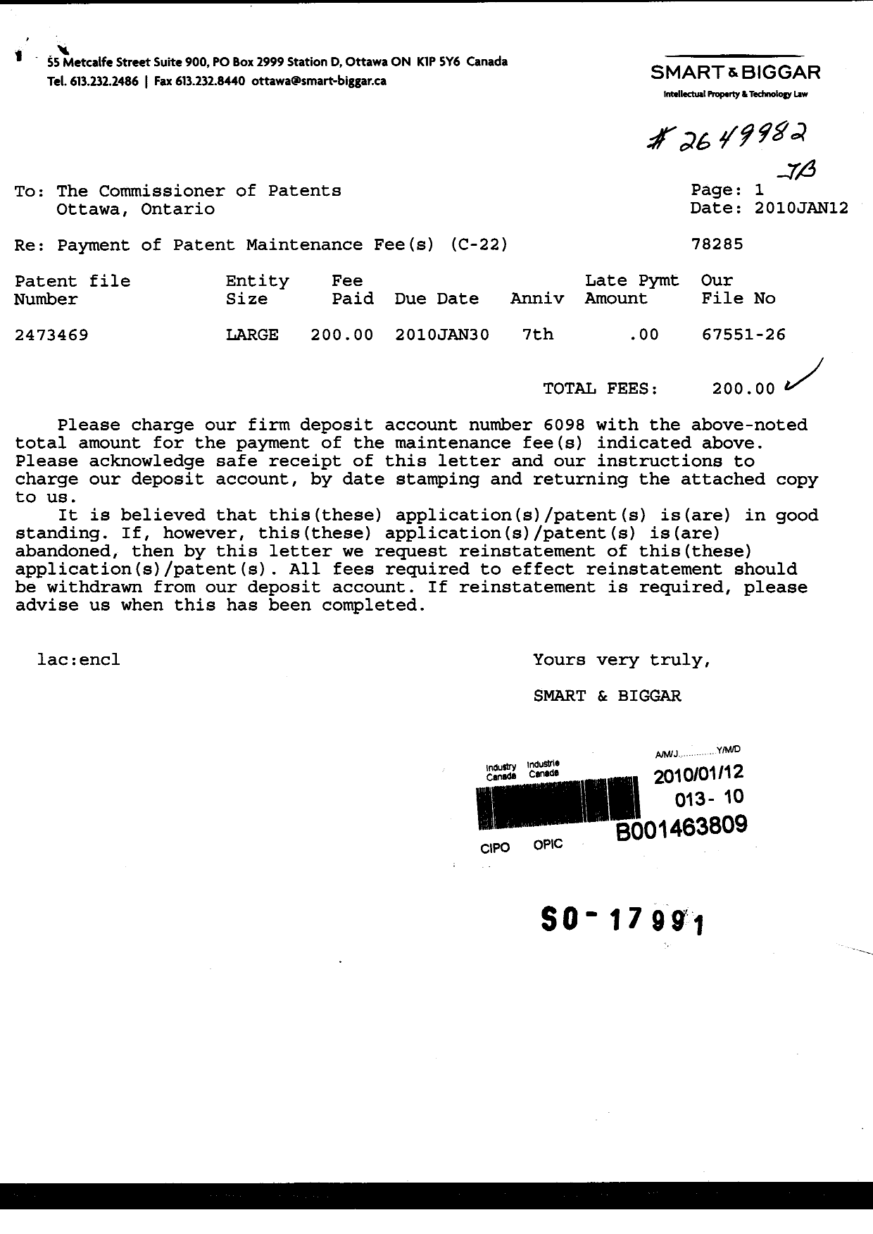 Document de brevet canadien 2473469. Taxes 20100112. Image 1 de 1
