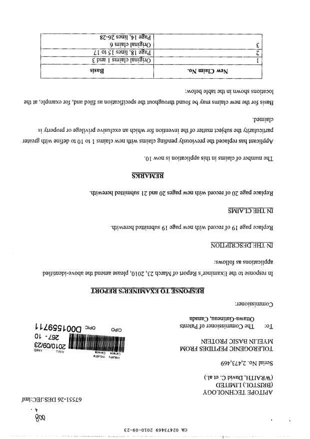 Canadian Patent Document 2473469. Prosecution-Amendment 20100923. Image 1 of 8