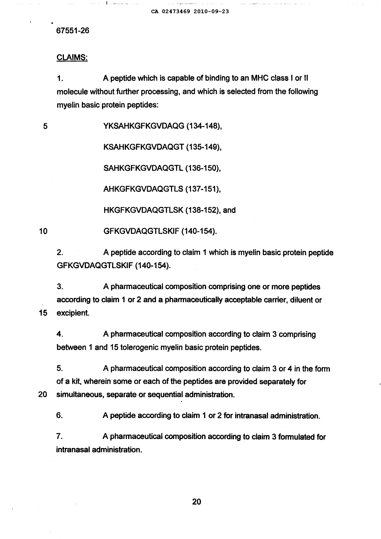 Document de brevet canadien 2473469. Revendications 20100923. Image 1 de 2