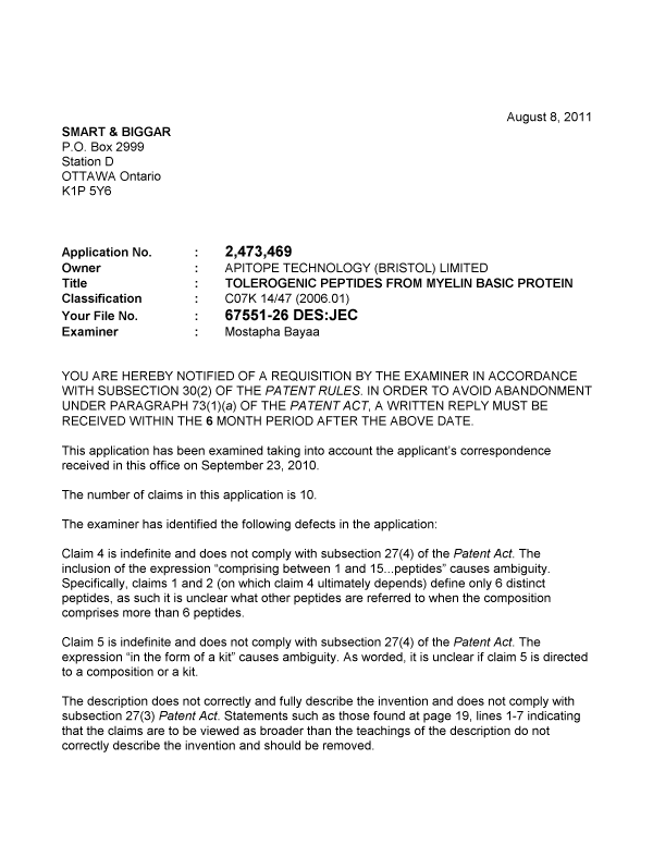 Canadian Patent Document 2473469. Prosecution-Amendment 20110808. Image 1 of 2