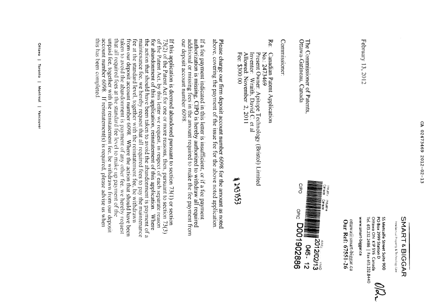 Document de brevet canadien 2473469. Correspondance 20120213. Image 1 de 2