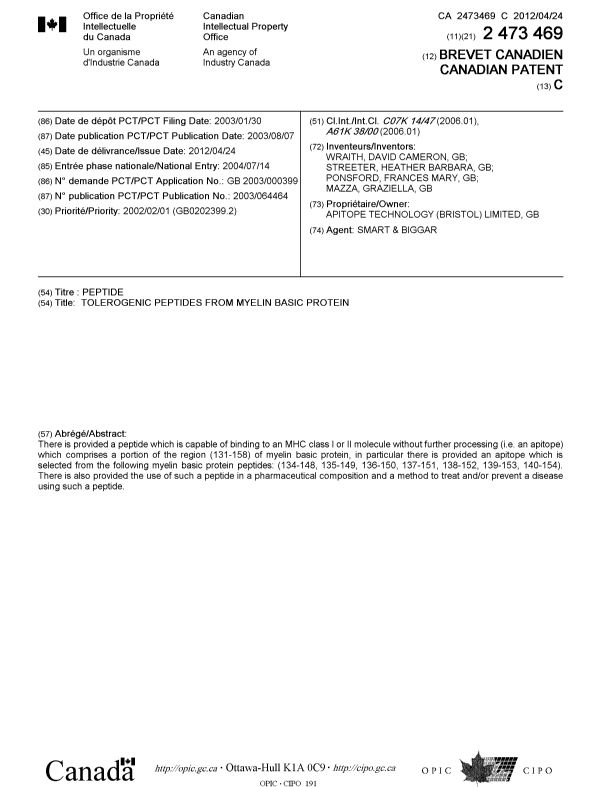 Canadian Patent Document 2473469. Cover Page 20120326. Image 1 of 1